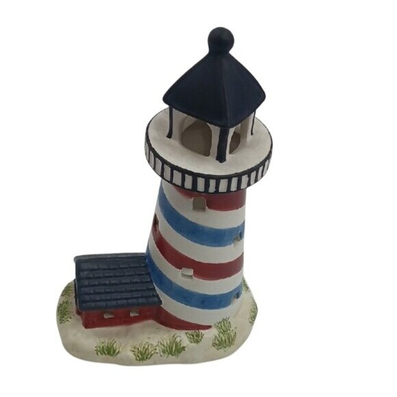Yankee Candle Ceramic Lighthouse Candle Holder Patriotic Red White Blue Coastal - Picture 1 of 5